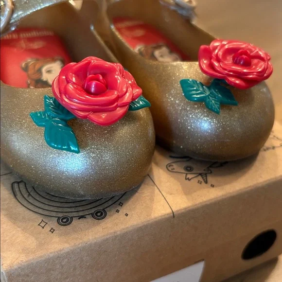 Mini Melissa Gold Belle Dress Shoes with Red Rose Accent - Picture 3 of 9